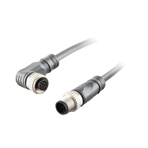 Sensor-Actuator Cordset, Double-ended, M12 A-code 12-pin Angled Female, to M12 A-code 12-pin Straight Male, with PVC grey jacket 0.25mm² (24 AWG) cable, 3 m