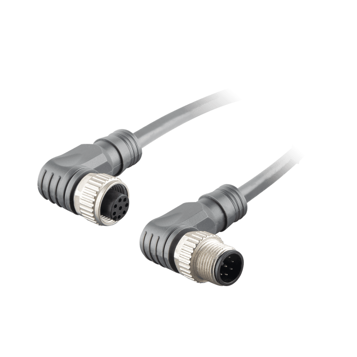Sensor-Actuator Cordset, Double-ended, M12 A-code 8-pin Angled Female, to M12 A-code 8-pin Angled Male, with PVC grey jacket 0.25mm² (24 AWG) cable, 1 m