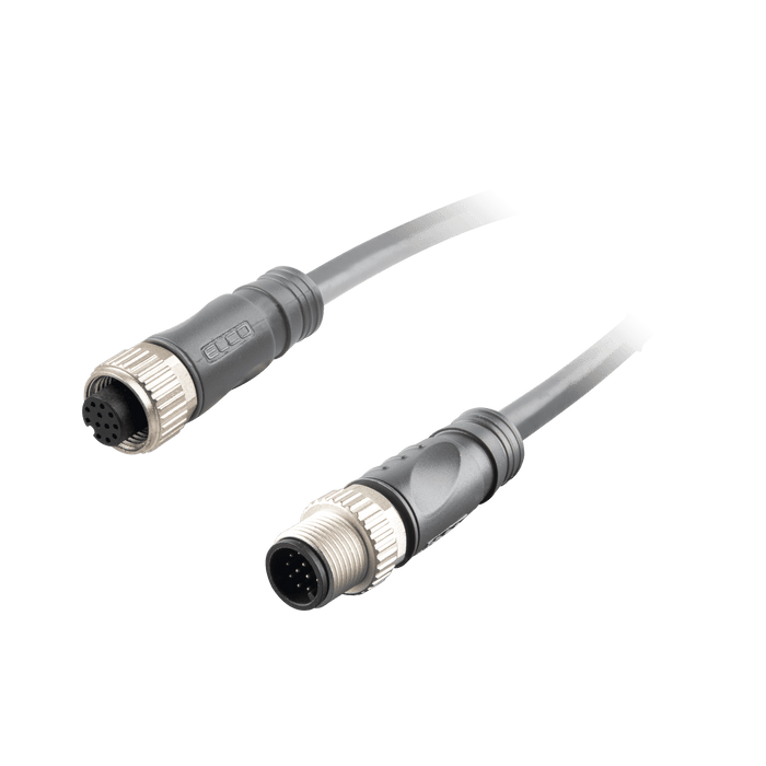 Sensor-Actuator Cordset, Double-ended, M12 A-code 12-pin Straight Female, to M12 A-code 12-pin Straight Male, with PVC grey jacket 0.25mm² (24 AWG) cable, 6 m