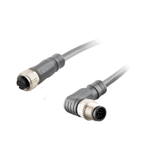 Sensor-Actuator Cordset, Double-ended, M12 A-code 12-pin Straight Female, to M12 A-code 12-pin Angled Male, with PVC grey jacket 0.25mm² (24 AWG) cable, 5 m