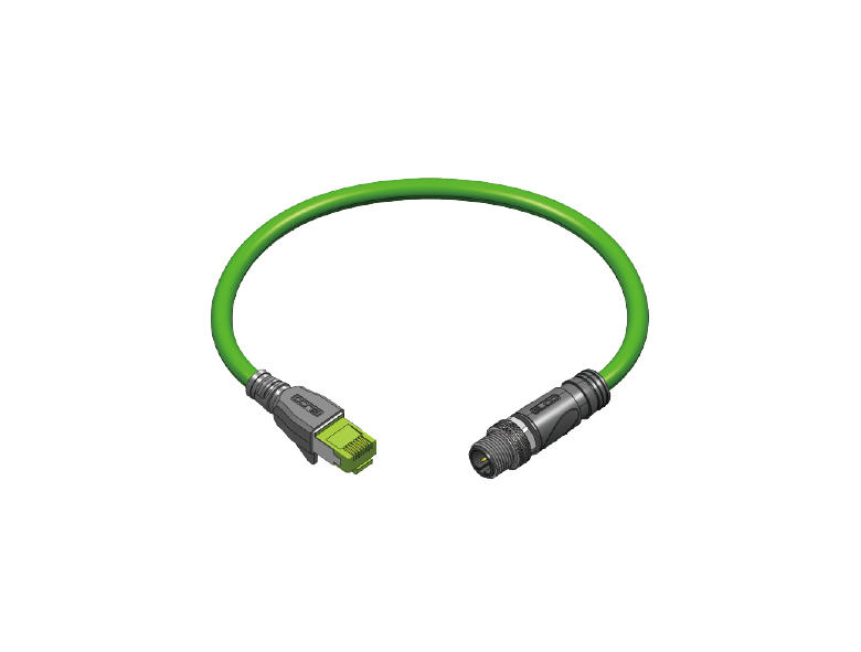 Ethernet Cordset,Double-ended, M12 D-code 4-pin Straight Male,to RJ45 4-pin Straight Male,With PUR green jacket 1 × 4 × 0.34 mm² (22 AWG) 5 million bending cycles Cable,25 m