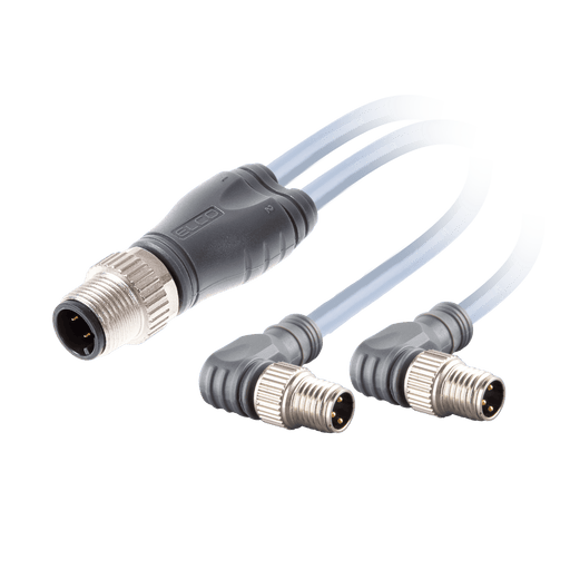 Y-Splitter, M12 A-code 4-pin Straight Male, to 2x M8 A-code 3-pin Angled Female, with PVC grey jacket 3 x 0.25mm² (24 AWG) Cable , 1 m/1 m