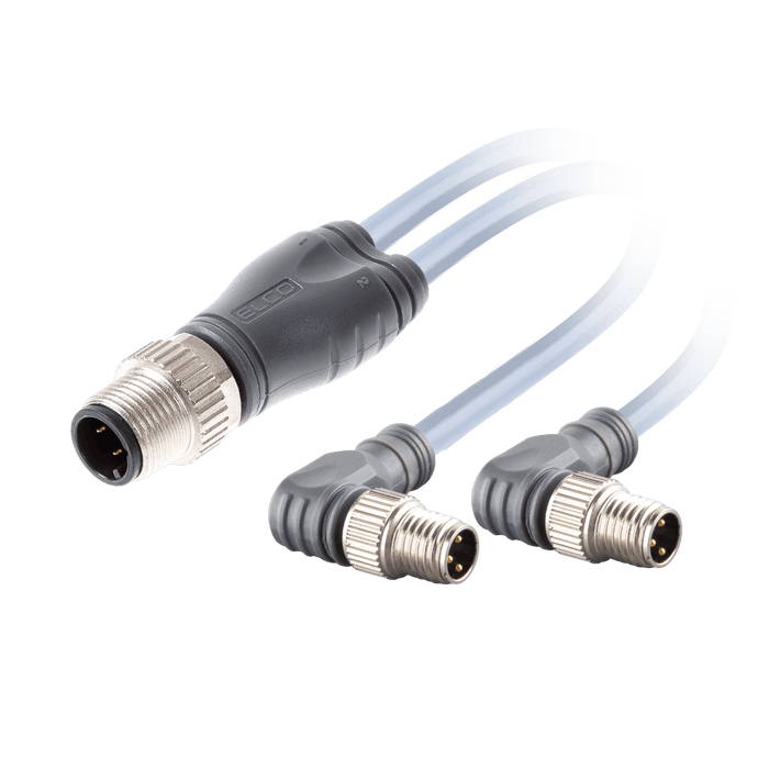 Y-Splitter, M12 A-code 4-pin Straight Male, to 2x M8 A-code 3-pin Angled Female, with PVC grey jacket 3 x 0.25mm² (24 AWG) Cable , 1 m/1 m