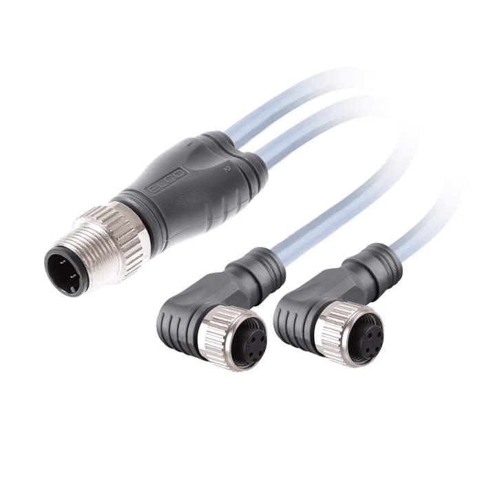 Y-Splitter, M12 A-code 4-pin Straight Male, to 2x M12 A-code 3-pin Angled Female, with PVC grey jacket 3 x 0.34mm² (22 AWG) Cable , 0.6 m/0.6 m