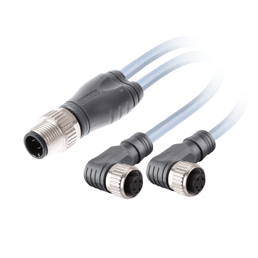 Y-Splitter, M12 A-code 4-pin Straight Male, to 2x M12 A-code 3-pin Angled Female, with PVC grey jacket 3 x 0.34mm² (22 AWG) Cable , 10 m/10 m