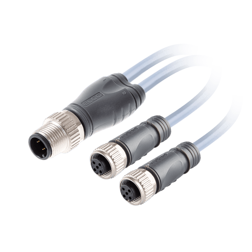 Y-Splitter, M12 A-code 4-pin Straight Male with PNP LED , to 2x M12 A-code 3-pin Straight Female, with PVC grey jacket 3 x 0.34mm² (22 AWG) Cable , 5 m/5 m