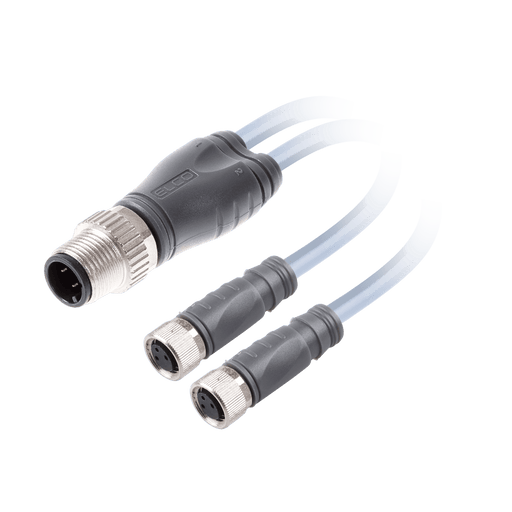 Y-Splitter, M12 A-code 4-pin Straight Male, to 2x M8 A-code 3-pin Straight Female, with PVC grey jacket 3 x 0.25mm² (24 AWG) Cable , 1 m/1 m