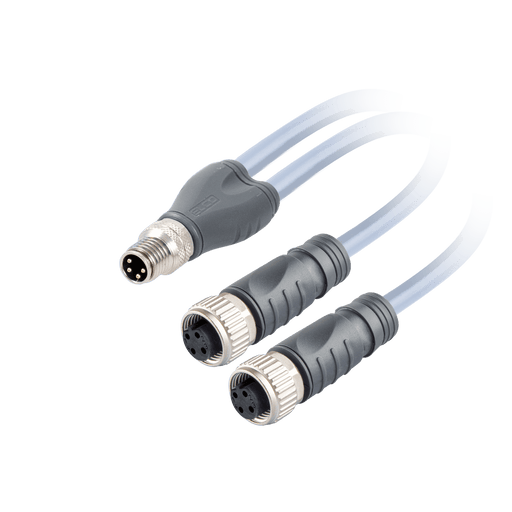 Y-Splitter, M8 A-code 4-pin Straight Male with PNP LED , to 2x M12 A-code 3-pin Straight Female, with PVC grey jacket 3 x 0.25mm² (24 AWG) Cable , 4 m/4 m