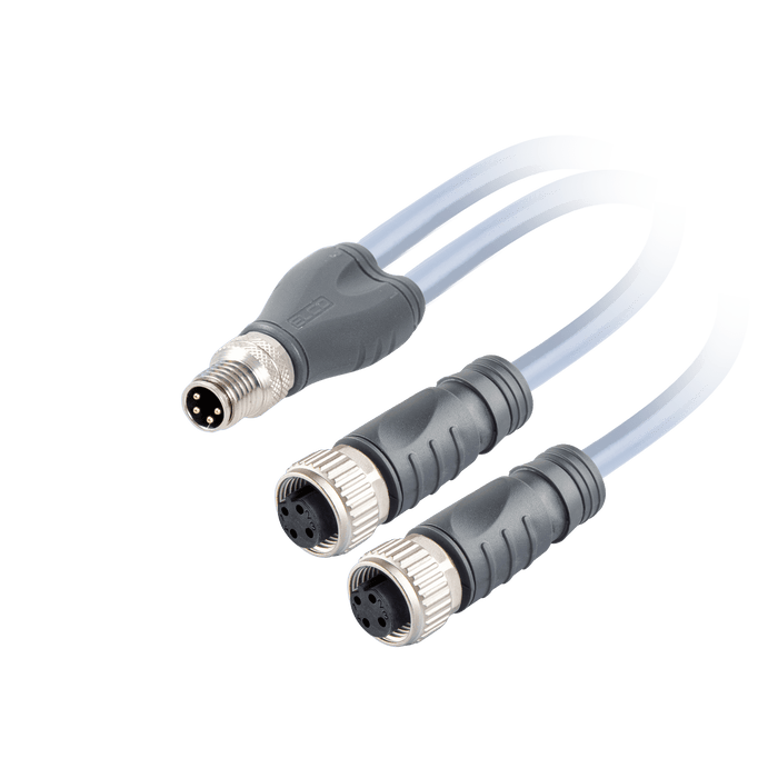 Y-Splitter, M8 A-code 4-pin Straight Male with PNP LED , to 2x M12 A-code 3-pin Straight Female, with PVC grey jacket 3 x 0.25mm² (24 AWG) Cable , 4 m/4 m