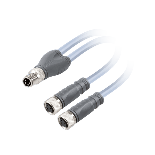 Y-Splitter, M8 A-code 4-pin Straight Male, to 2x M8 A-code 3-pin Straight Female, with PVC grey jacket 3 x 0.25mm² (24 AWG) Cable , 2 m/2 m