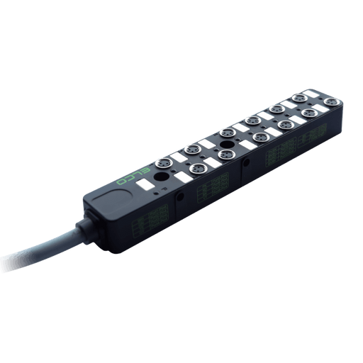 Passive Distribution Box, M8, 12-port, 1 signal with PNP LED, with PUR grey Cable, 8m