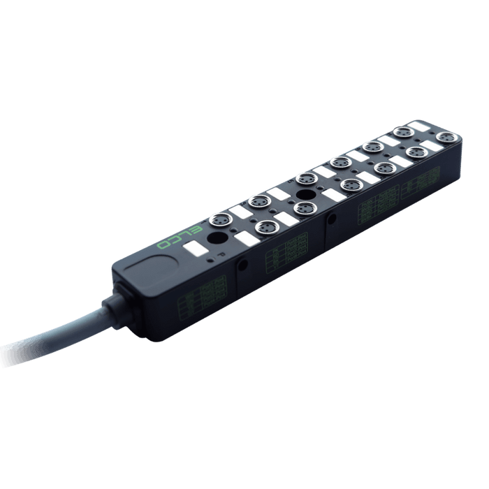 Passive Distribution Box, M8, 12-port, 1 signal with PNP LED, with PUR grey 5 million bending cycles Cable, 8m