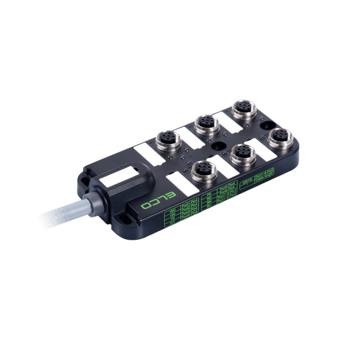 Passive Distribution Box, M12, 6-port, 2 signals with PNP LED, with PUR grey 5 million bending cycles Cable, 15m