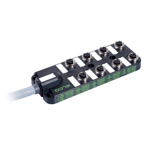 Passive Distribution Box, M12, 8-port, 2 signals with PNP LED, with PUR grey Cable, 3m
