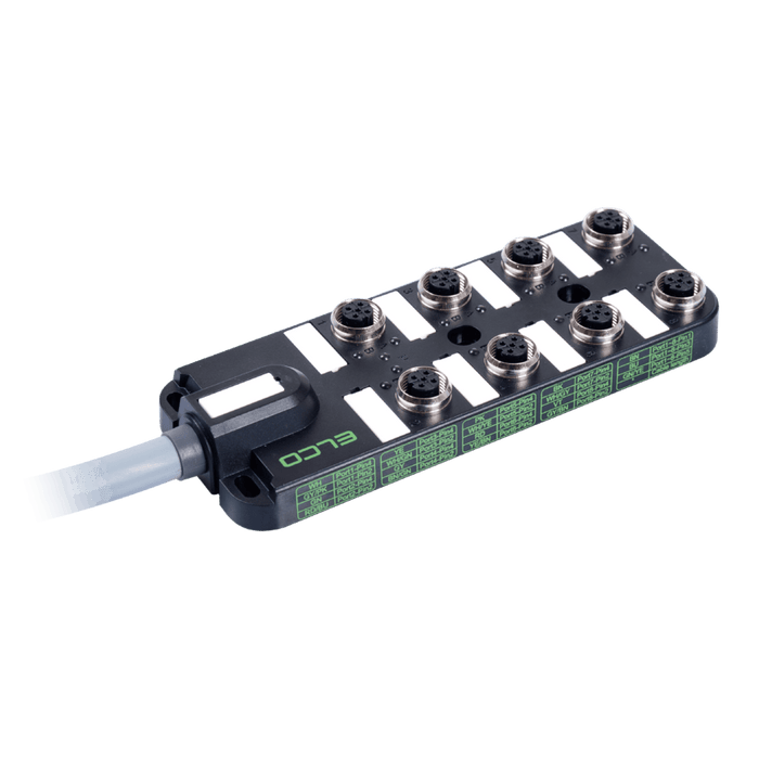 Passive Distribution Box, M12, 8-port, 2 signals with PNP LED, with PUR grey Cable, 10m