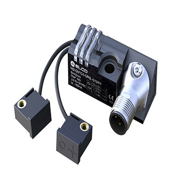 Clamp position inductive Sensor, Plastic Rectangular housing,Rectangular Sensor head, Switching distance 2 mm, 0,1 m PUR-Cable, Non-flush, 2 x NO-PNP, IP67, 3 x LED indicator, -25…70 °C, M12 Male 4-pin connector LED yellow (S1) ,LED red (S2)