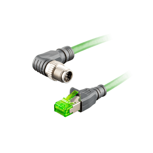Ethernet Cordset,Double-ended, M12 D-code 4-pin Angled Female,to RJ45 4-pin Straight Male,With PUR green jacket 2 × 2 × 4 ×0.14 mm²(26 AWG) 5 million bending cycles Cable,3 m