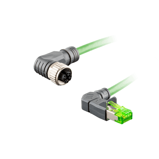 Ethernet Cordset,Double-ended, M12 X-code 8-pin Angled Female,to RJ45 8-pin Angled Male,With PVC green jacket 2 × 2 × 4 ×0.14 mm²(26 AWG) Cable,8m