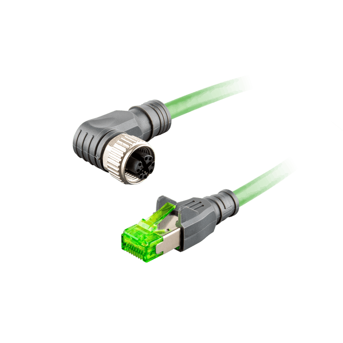 Ethernet Cordset,Double-ended, M12 X-code 8-pin Angled Female,to RJ45 8-pin Straight Male,With PVC green jacket 2 × 2 × 4 ×0.14 mm²(26 AWG) Cable,7m