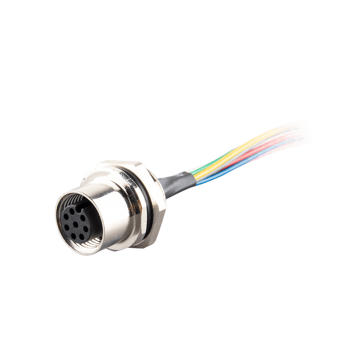 Flange-Mount Bulkhead Connector, without cable, M12 A-code 8-pin Straight Female, M16 Hole dimension, Front mount, with PVC Cable, 0.3 m