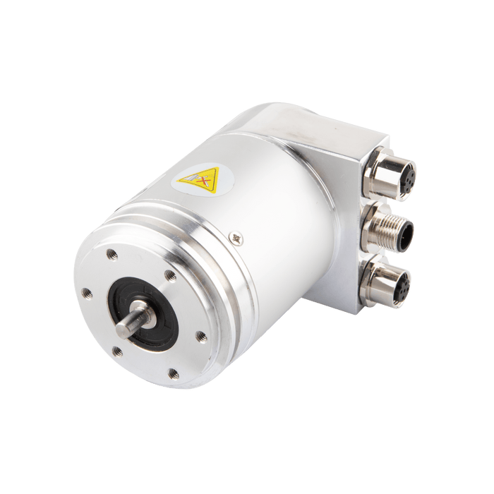 Absolute multiturn encoder, Series EAM58-ECND, Flange synchro, Shaft length 10 mm, Shaft 6g6 mm, 10...30 VDC, EtherCAT interface, Radial, 3x M12 connectors, Resoluteion 4096/8192