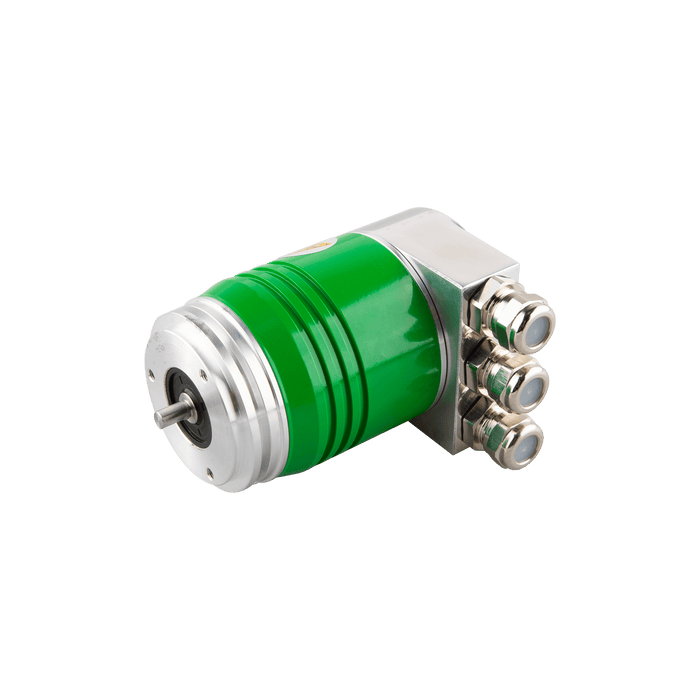Absolute multiturn encoder, Series EAM58-DP, Flange synchro, Shaft length 10 mm, Shaft 10g6 mm, 10...30 VDC, Profibus-DP interface, Radial, 3x M12 connectors, Resoluteion 4096/8192