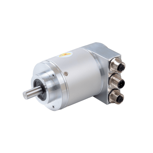 Absolute multiturn encoder, Series EAM58-ECND, 36 mm clamping flange, Shaft length 20 mm, Shaft 10g6 mm, 10...30 VDC, EtherCAT interface, Radial, 3x M12 connectors, Resoluteion 4096/8192