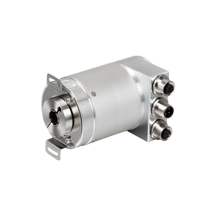 Absolute multiturn encoder, Series EAM58-ECND, Double-winged spring installation, Blind hollow shaft 12H7 mm length 30 mm, Hollow shaft 12H7 mm, 10...30 VDC, EtherCAT interface, 3x M12 connectors, Resoluteion 4096/8192