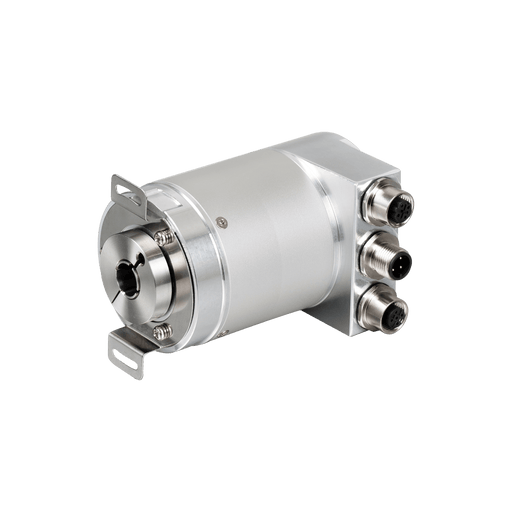 Absolute multiturn encoder, Series EAM58-PN, Flange double-wing fixing plate, Hollow shaft 15H7 mm, 10...30 VDC, PROFINET IO interface, Radial, 3x M12 connectors, Resoluteion 4096/8192