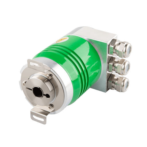 Absolute multiturn encoder, Series EAM58-DP, Double-winged spring installation，Blind hollow shaft, Shaft 12H7 mm, 10...30 VDC, Profibus-DP interface, Radial, Integrated coupler terminal box with 3 PG7 threaded connectors, Resoluteion 4096/8192