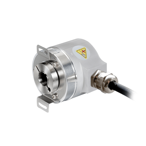 Absolute multiturn Encoder, EAM58-EU Series, Double-winged spring installation, Shaft Diameter 15H7 mm, Supply Voltage 10...30 VDC, SSI Interface, Gray, Radial, Cable 1.5 m, Resoluteion 4096/8192