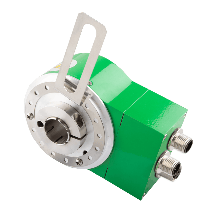 Absolute multiturn encoder, Series EAM90-DP, long tether arm, Shaft 28 mm hollow shaft, 10...30 VDC, Profibus-DP Interface, Terminal box 3x M12 connectors, Resoluteion 4096/8192
