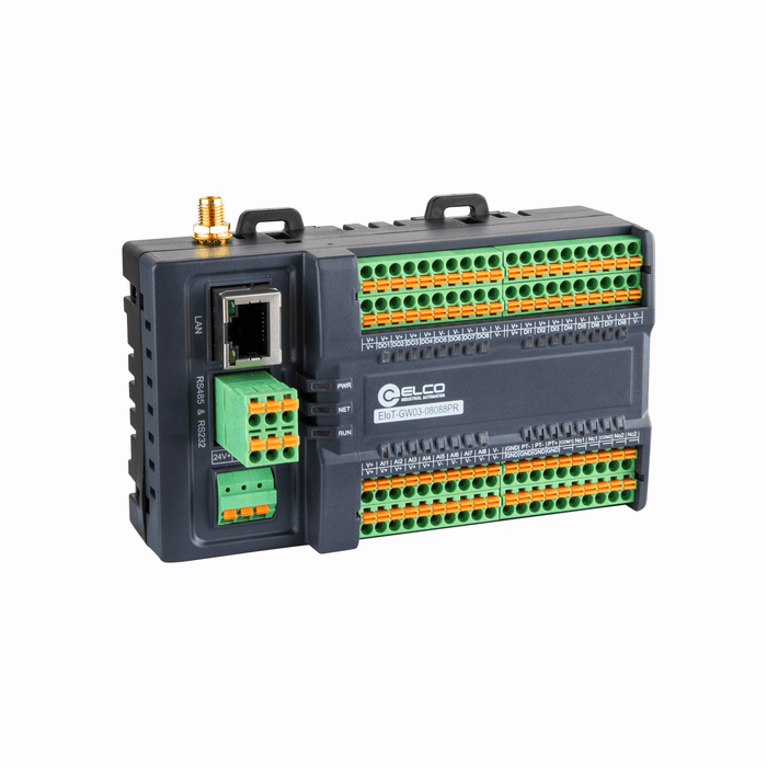 Remote IO module, EIoT-GW series,  WiFi version, Support 8 digital inputs, 8 digital outputs, 8 analog inputs, 1 PT100, 2 relay outputs, Support Modbus TCP communication.