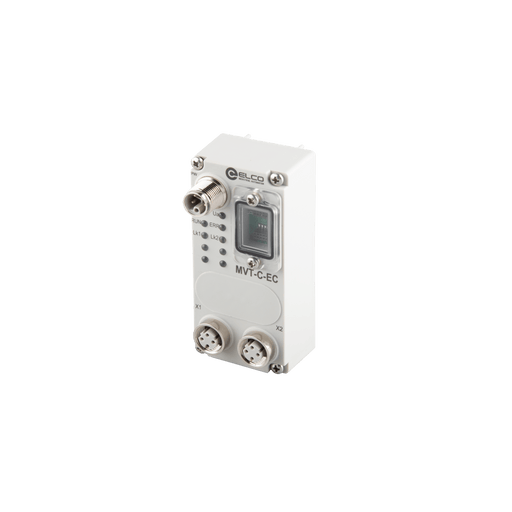 Pneumatic Interface, Ethercat Protocol for Pneumatic Manifold, 48 Outputs, M12 Connector, L-CODE power interface, 5-pole, Male, Two D-CODE bus interfaces, 4-pole, Female.