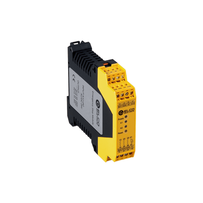 SR22 safety relay (standalone), Single/dual channel input wiring, Manual/automatic reset, Output contact 3 N/O + 1 N/C, Width 22.5 mm, Plug-in screw terminal, Monitoring of E-Stop, Safety gates.