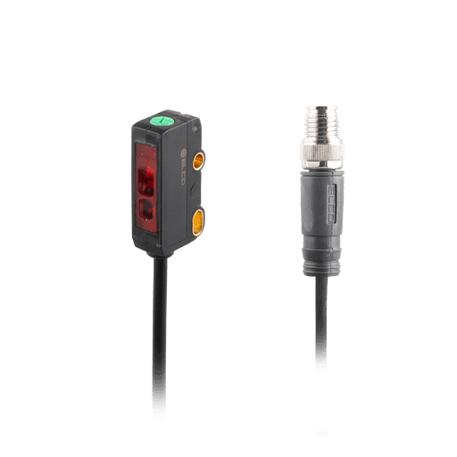 Photoelectric Sensor, OS22-Series, Diffused with BGS, Red beam, Operating range 10...120 mm, PNP, L.O, 10…30V DC, -10…50°C, Switching frequency 200 Hz, IP67, 0.3 m cable + M8 4-pin connector