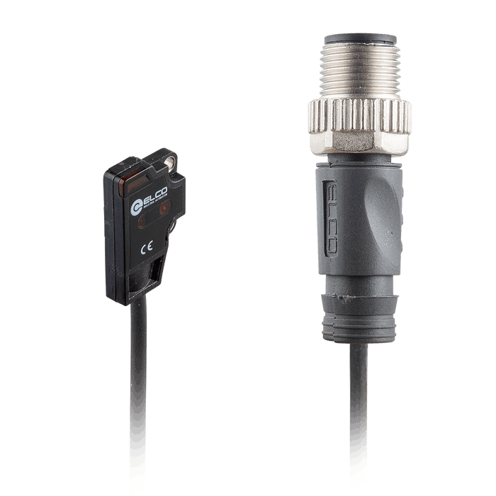 Photoelectric Sensor, OS4-Series, Diffused fixed, Red beam, Operating range 1...30 mm, NPN, L.O, 10…30V DC, -10…55°C, Switching frequency 800 Hz, IP67, 0.3 m cable + M12 4-pin connector